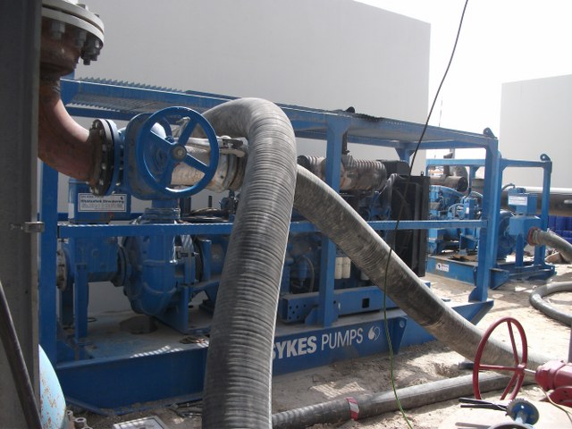 Complete pump system from Khansaheb Sykes - including all connecting flanged steel wire armoured 8” hose, gate valves, non return valves, fuel tanks and 24 hour onsite maintenance.