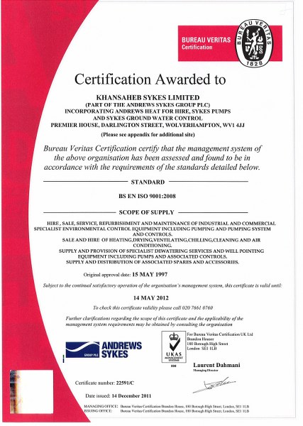 Khansaheb Sykes – the Middle East Pumping, Dewatering and Chiller specialist is delighted to announce its successful award of ISO 9001:2008 certification from Bureau Veritas