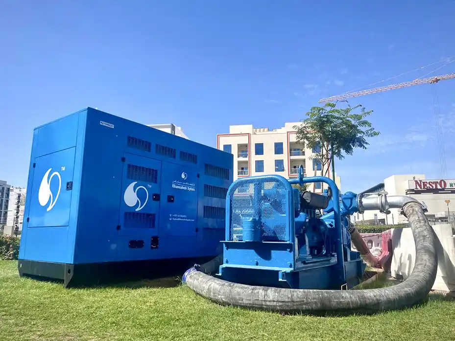 Temporary pumping system and generator providing high-volume dewatering and flood mitigation for infrastructure project in International City Dubai