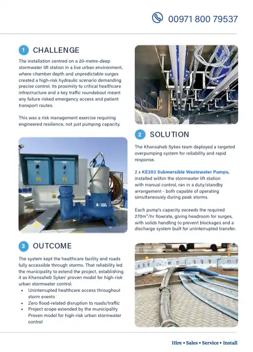 third page case study Stormwater Overpumping Solution Protecting Critical Healthcare Infrastructure, Al Ain